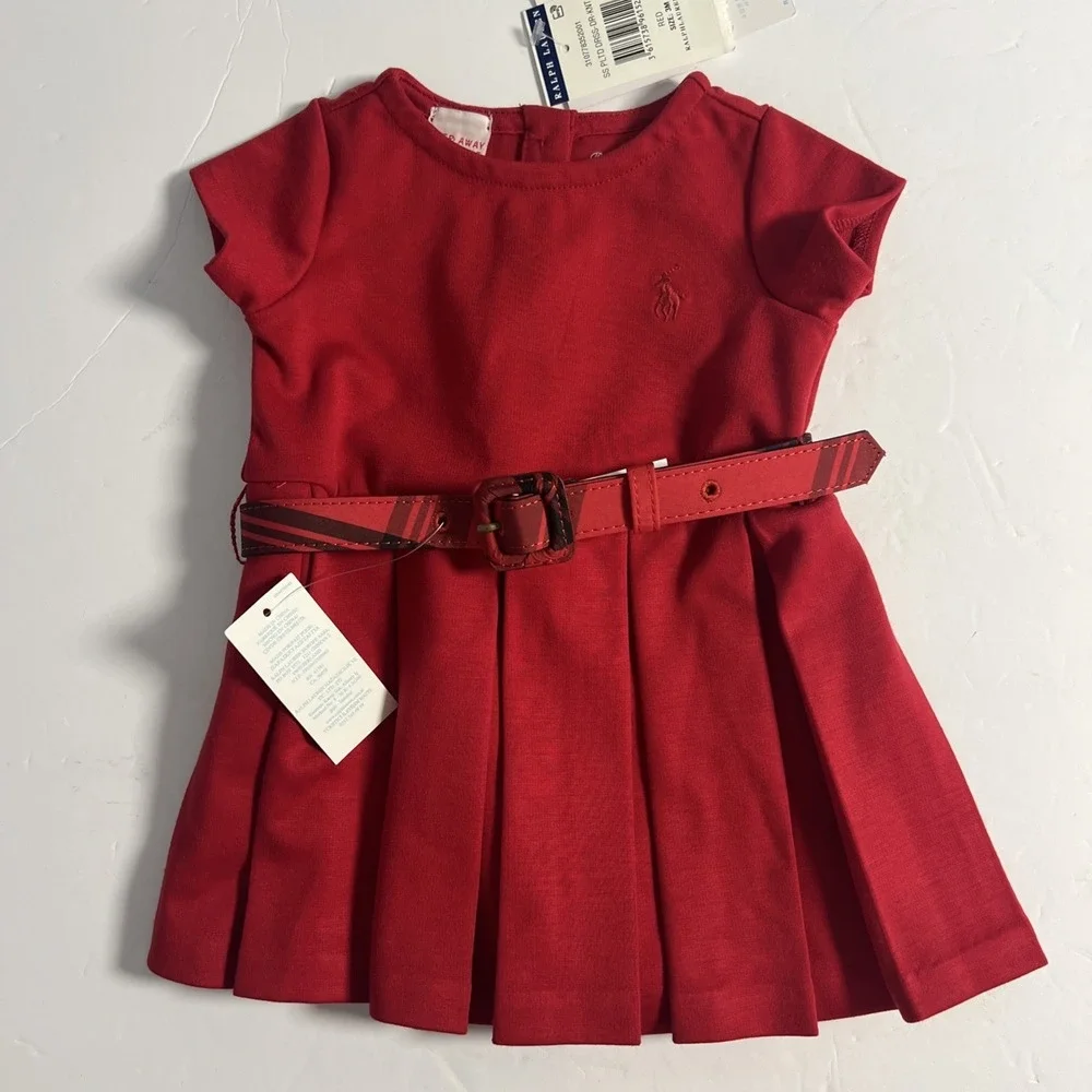 Ralph Lauren Girls Red Dress w/Plaid Belt Size 3 Months-New